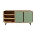 Moderne houten TV-kast met groene deuren en open schappen