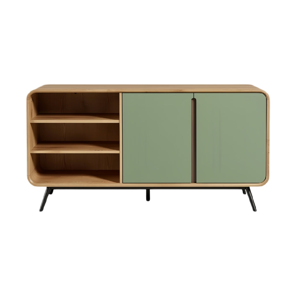 Moderne houten TV-kast met groene deuren en open schappen