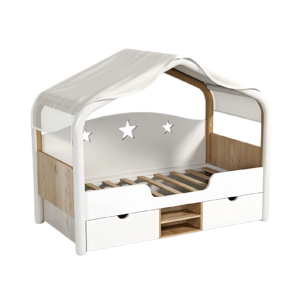 Moderne kinderbed met huisontwerp en opberglades